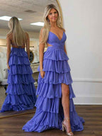 Purple A Line Spaghetti V-Neck Prom Dress with Cascading Ruffles