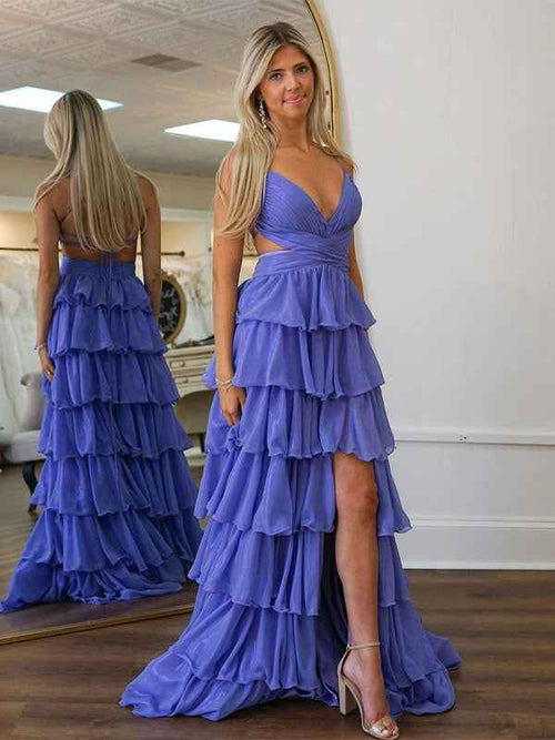 Purple A Line Spaghetti V-Neck Prom Dress with Cascading Ruffles BMBRIDE