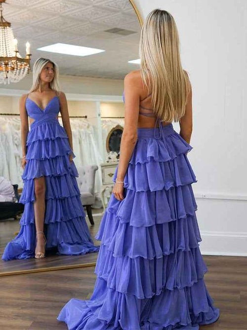 Purple A Line Spaghetti V-Neck Prom Dress with Cascading Ruffles BMBRIDE