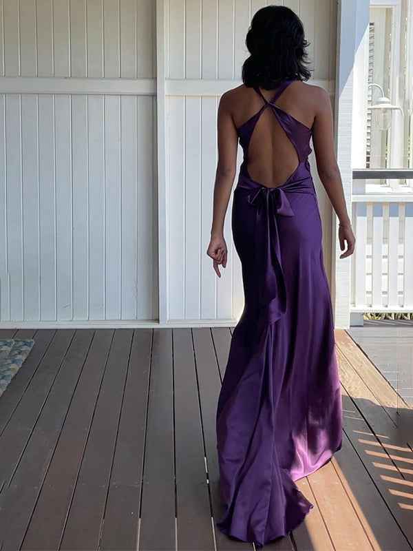 Green Chic Sheath Halter Neck Long Prom Party Dress with Backless Bowknot
