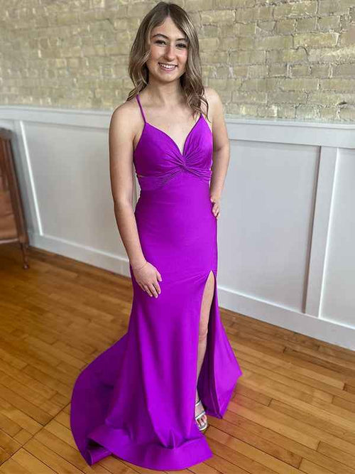 Purple Mermaid Spaghetti Strap Ruched Long Prom Dress with Slit BMBRIDE