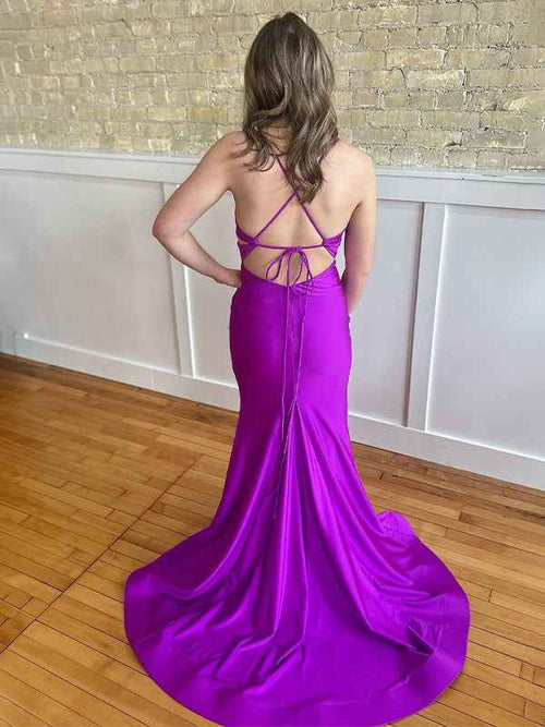 Purple Mermaid Spaghetti Strap Ruched Long Prom Dress with Slit BMBRIDE