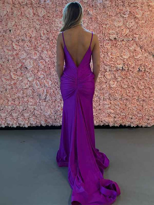 Purple Mermaid Spaghetti Straps Backless Long Satin Prom Dress BMBRIDE
