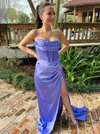 Purple Mermaid Strapless Pleated Long Prom Dress with Train