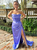 Purple Mermaid Strapless Pleated Long Prom Dress with Train