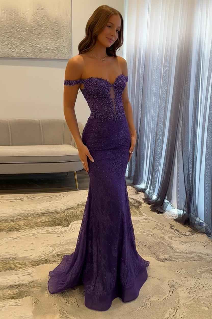 Navy Prom Dress Off The Shoulder Mermaid Long Lace Formal Dress