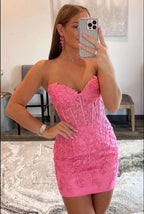 Tight Pink Short Homecoming Dress with Appliques BM bride