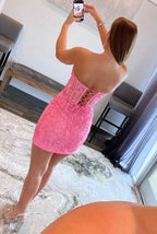 Tight Pink Short Homecoming Dress with Appliques BM bride