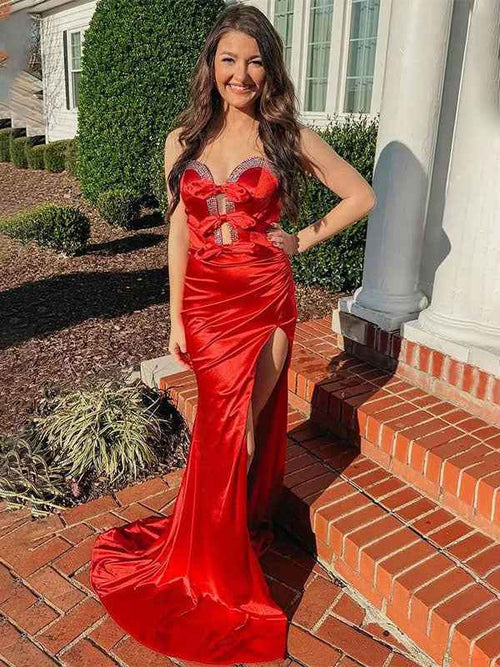 Red Mermaid Strapless V-Neck Bow Pleated Long Prom Dress with Slit BMBRIDE