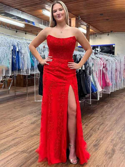 Red Mermaid Strapless Scoop Neck Lace Appliques Prom Dress with Slit BMBRIDE