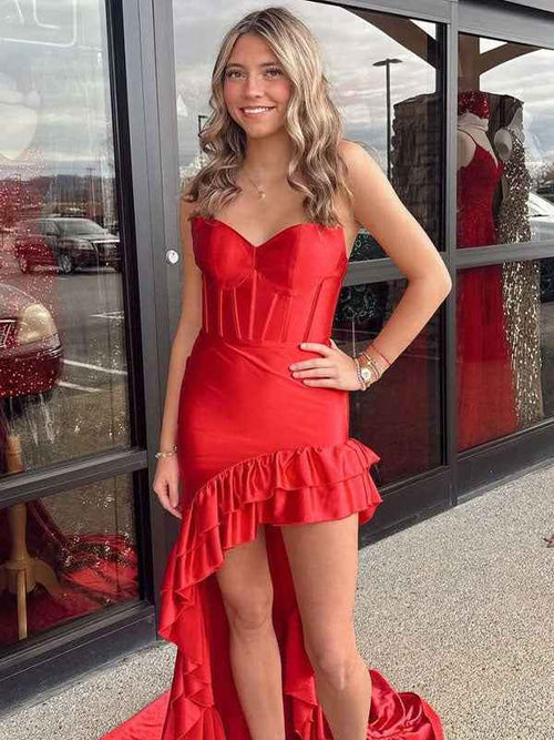 Red Mermaid Strapless Ruffles Satin Long Prom Dress with Train BMBRIDE