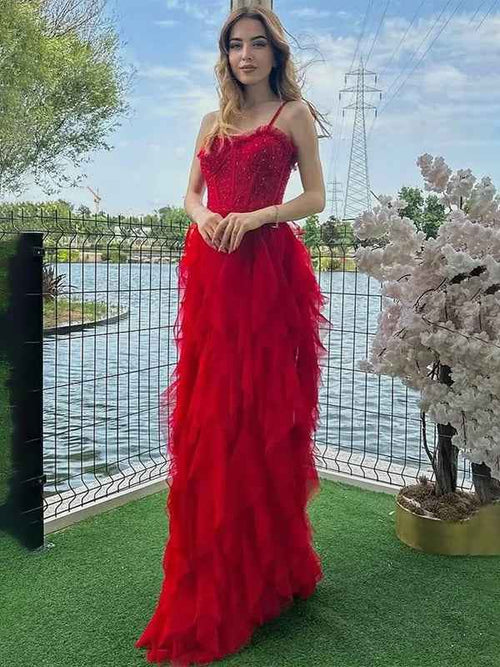 Red Mermaid Spaghetti Straps Tulle Long Prom Dress with Ruffles BMBRIDE