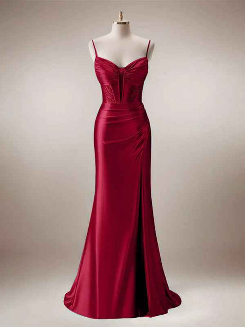 Red Mermaid Corset Spaghetti Straps Long Prom Dress with Slit BMBRIDE