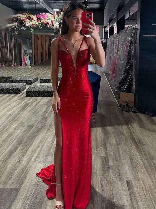 Red Mermaid Rhinestone V-Neck Long Prom Dress with Slit BMBRIDE