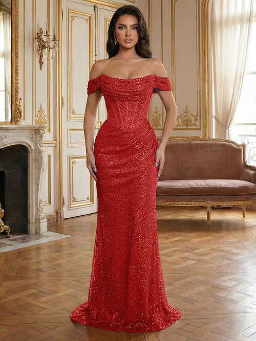 Red Off-The-Shoulder Sequined Corset Mermaid Long Prom Dress BMBRIDE