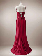 Red Mermaid Corset Spaghetti Straps Long Prom Dress with Slit