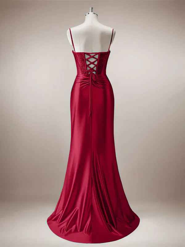 Red Mermaid Corset Spaghetti Straps Long Prom Dress with Slit