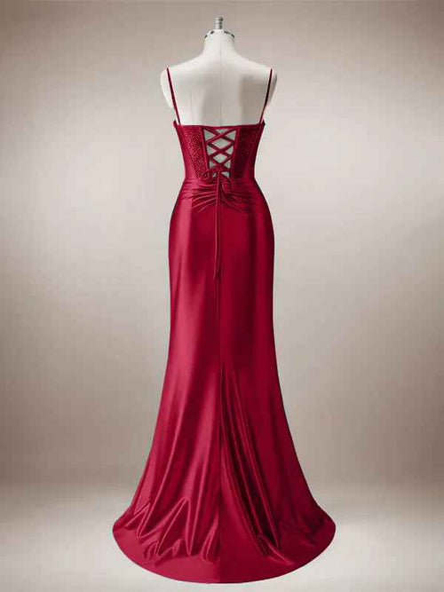 Red Mermaid Corset Spaghetti Straps Long Prom Dress with Slit BMBRIDE