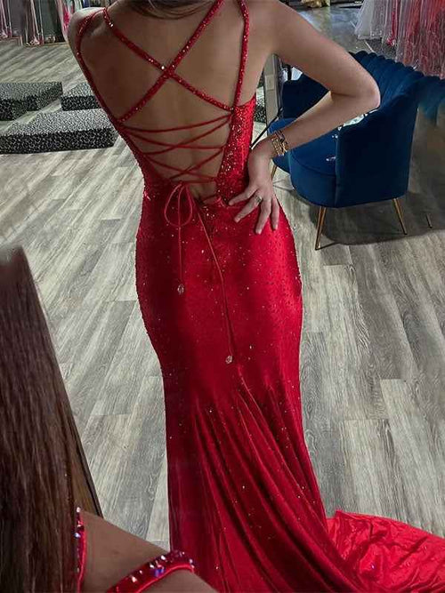 Red Mermaid Rhinestone V-Neck Long Prom Dress with Slit BMBRIDE