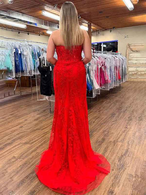 Red Mermaid Strapless Scoop Neck Lace Appliques Prom Dress with Slit BMBRIDE