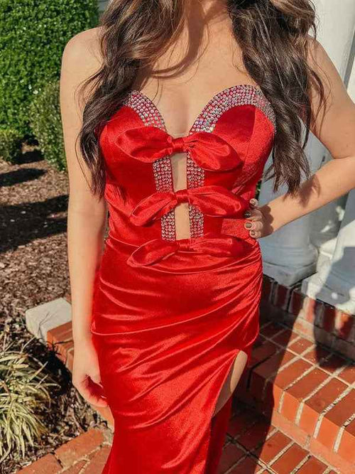 Red Mermaid Strapless V-Neck Bow Pleated Long Prom Dress with Slit BMBRIDE