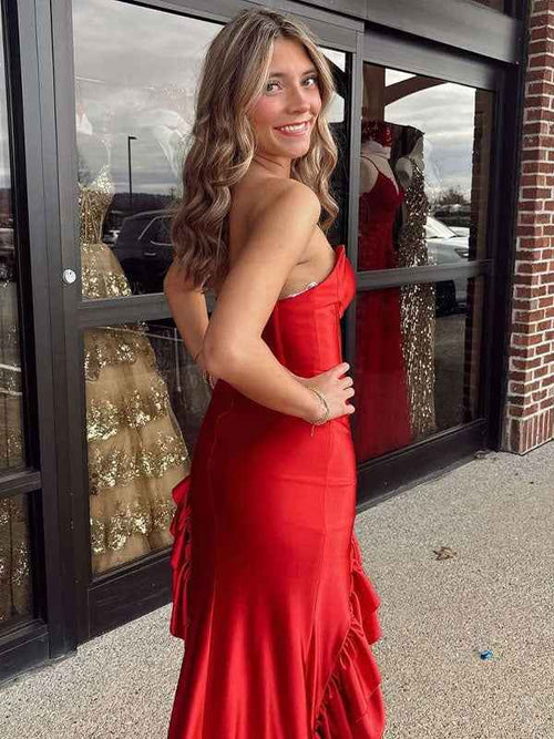 Red Mermaid Strapless Ruffles Satin Long Prom Dress with Train BMBRIDE
