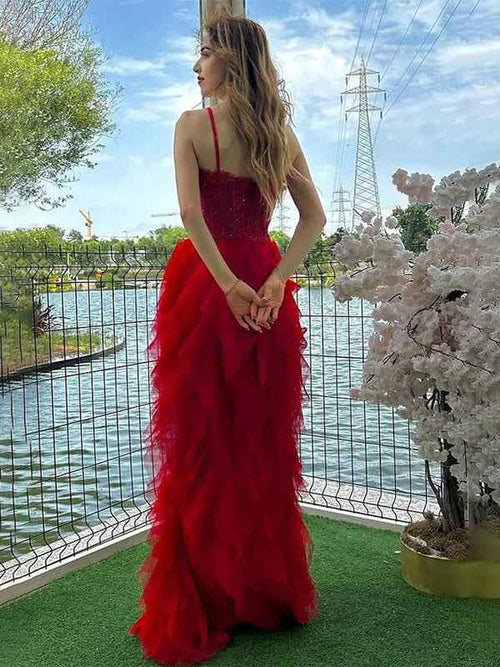 Red Mermaid Spaghetti Straps Tulle Long Prom Dress with Ruffles BMBRIDE