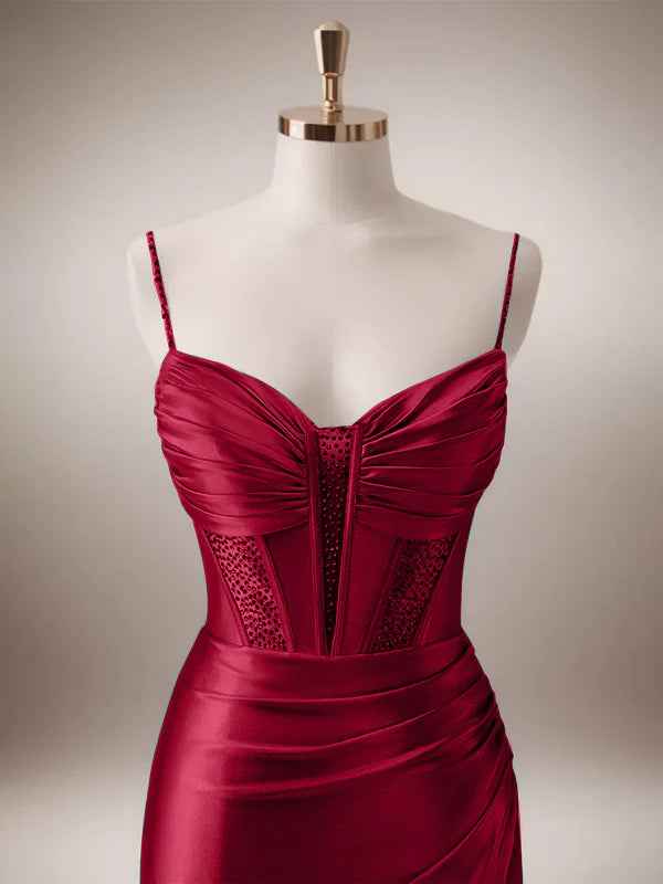 Red Mermaid Corset Spaghetti Straps Long Prom Dress with Slit