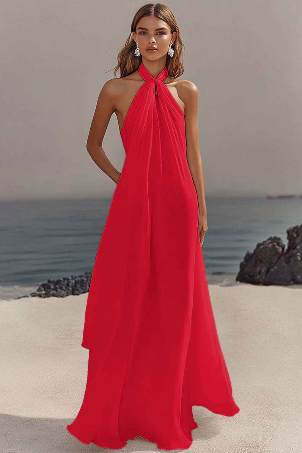 Flowy Sky Blue Chiffon A Line Halter Backless Long Prom Dress