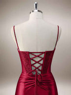 Red Mermaid Corset Spaghetti Straps Long Prom Dress with Slit