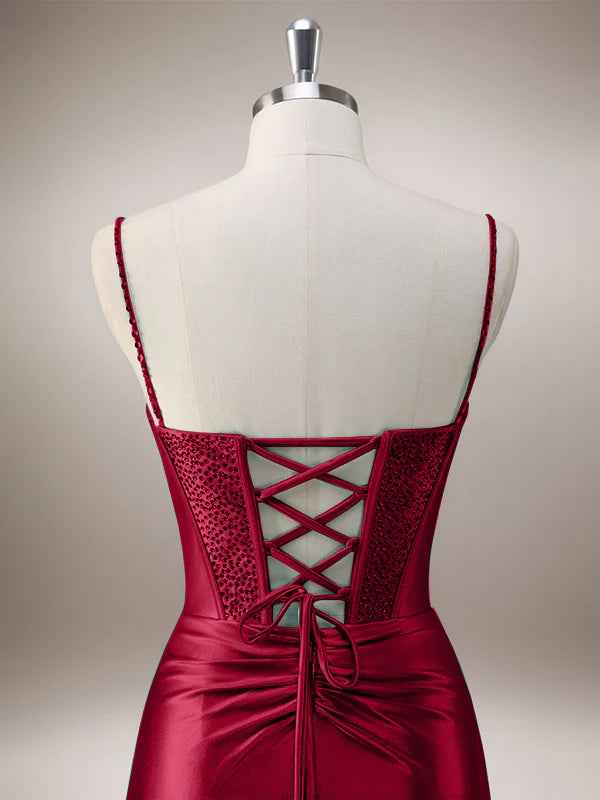 Red Mermaid Corset Spaghetti Straps Long Prom Dress with Slit