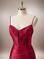 Red Mermaid Corset Spaghetti Straps Long Prom Dress with Slit