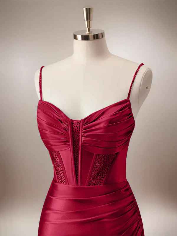Red Mermaid Corset Spaghetti Straps Long Prom Dress with Slit