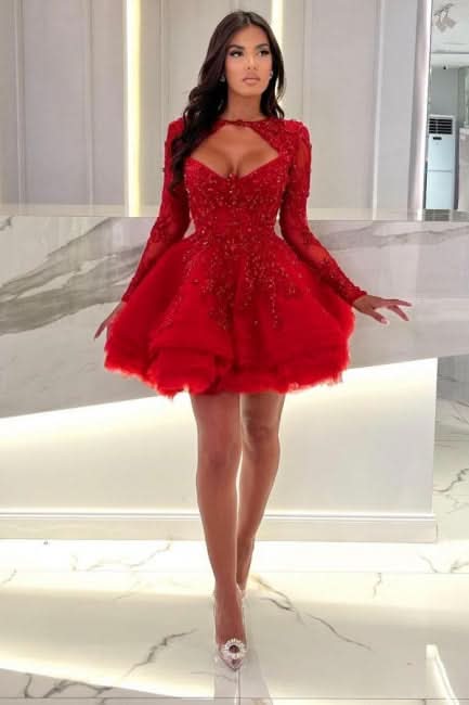 Red Mini A-Line Long Sleeves Ruffles Halter Prom Dresses with Charming Appliques BM bride