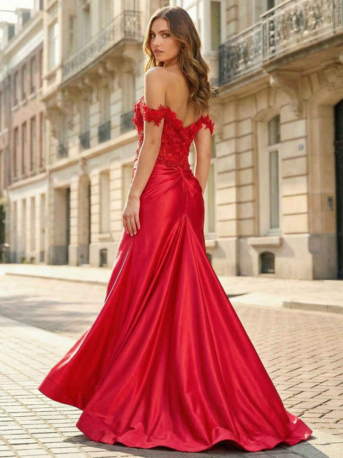 Red 3D Floral Off-the-Shoulder Satin Long Prom Dress with Slit BMBRIDE