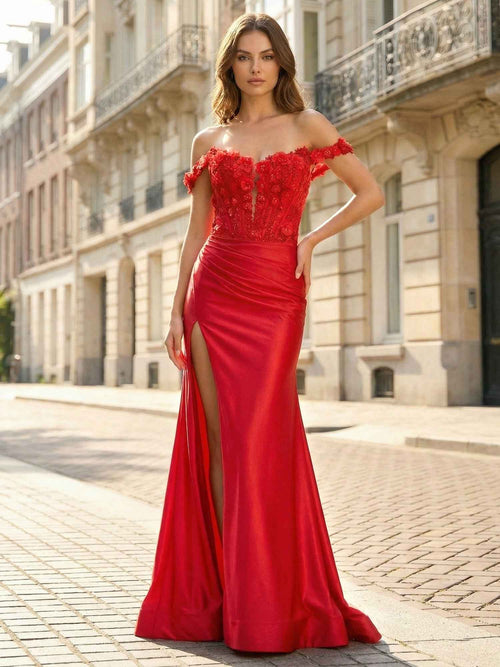 Red 3D Floral Off-the-Shoulder Satin Long Prom Dress with Slit BMBRIDE