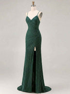 Red Glitter Ruched Spaghetti Strap Prom Dress with Slit