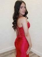 Red Mermaid Keyhole Bodice Lace-Up Back Prom Dress