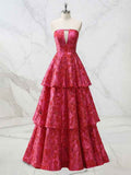 Red Plunging Strapless Tiered Brocade Prom Dress