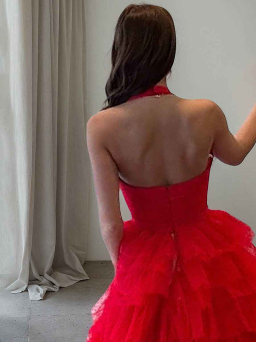 Red Polka Dots Tiered Long Prom Dress with Slit BMBRIDE