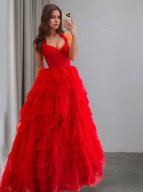 Red Polka Dots Tiered Long Prom Dress with Slit BMBRIDE