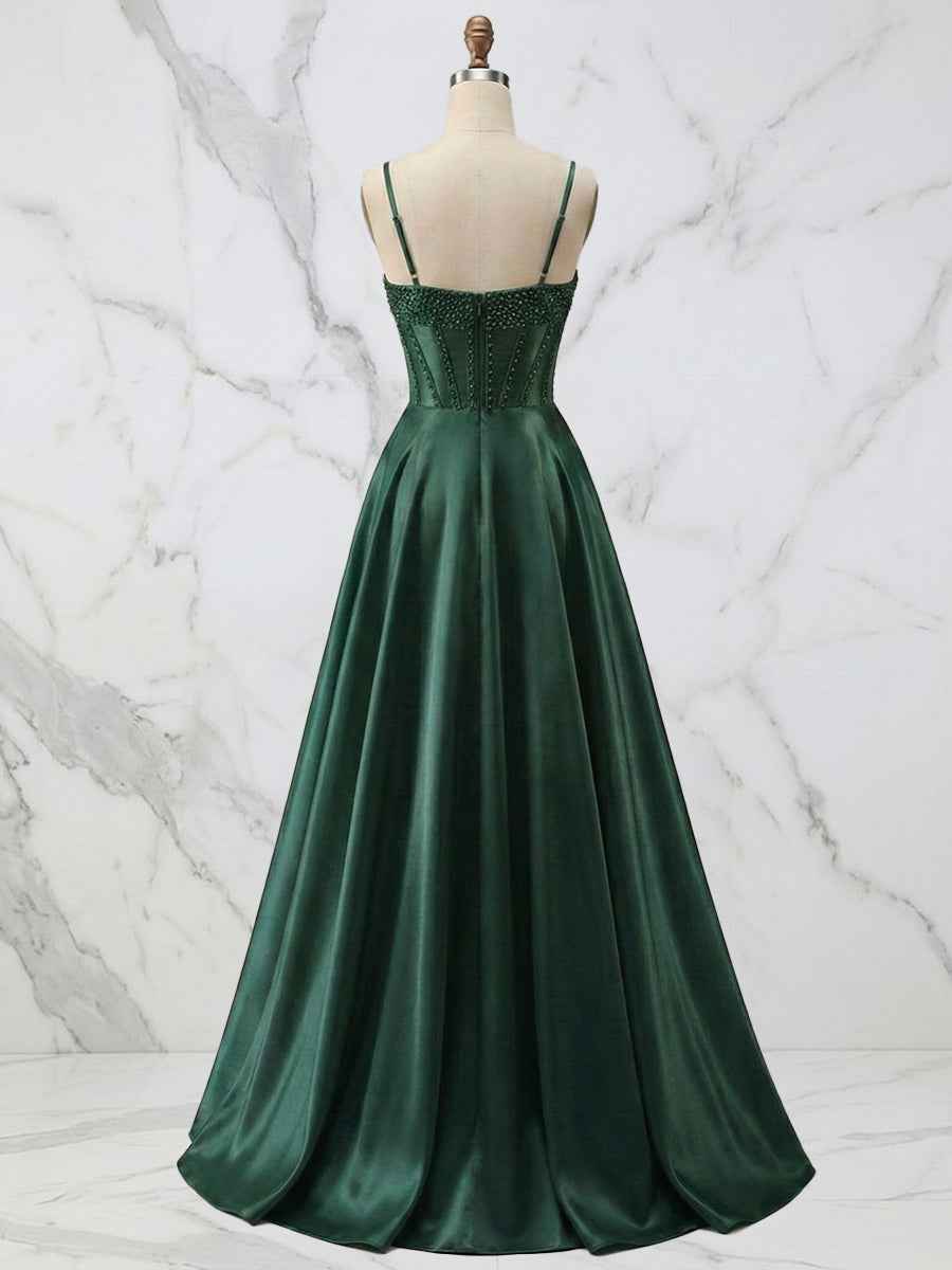Red Satin A Line Corset Prom Dress with Beaded Boning