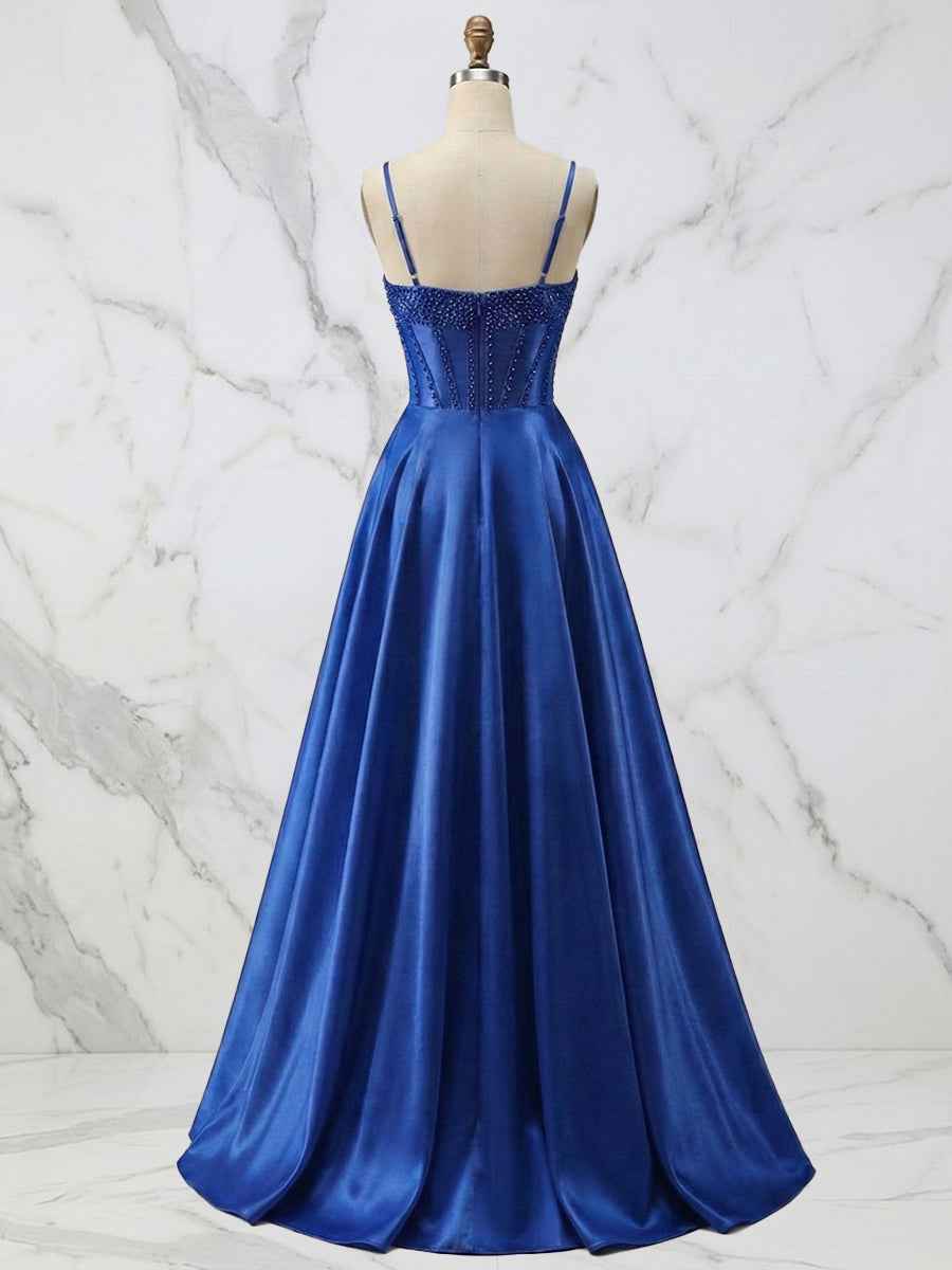 Red Satin A Line Corset Prom Dress with Beaded Boning