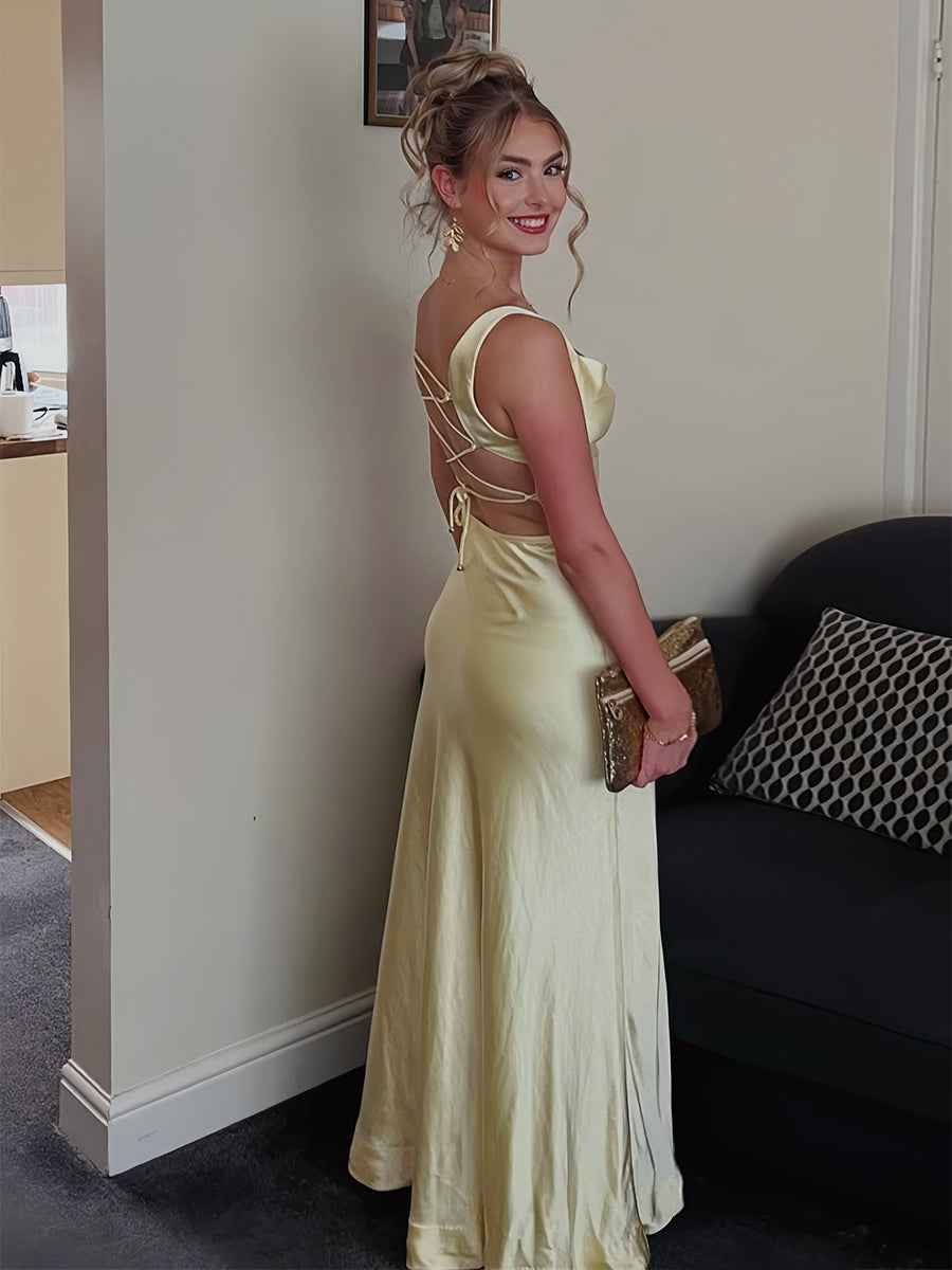 Red Satin Cowl Neck Wide Tank Straps Prom Dress with High Slit BMBRIDE