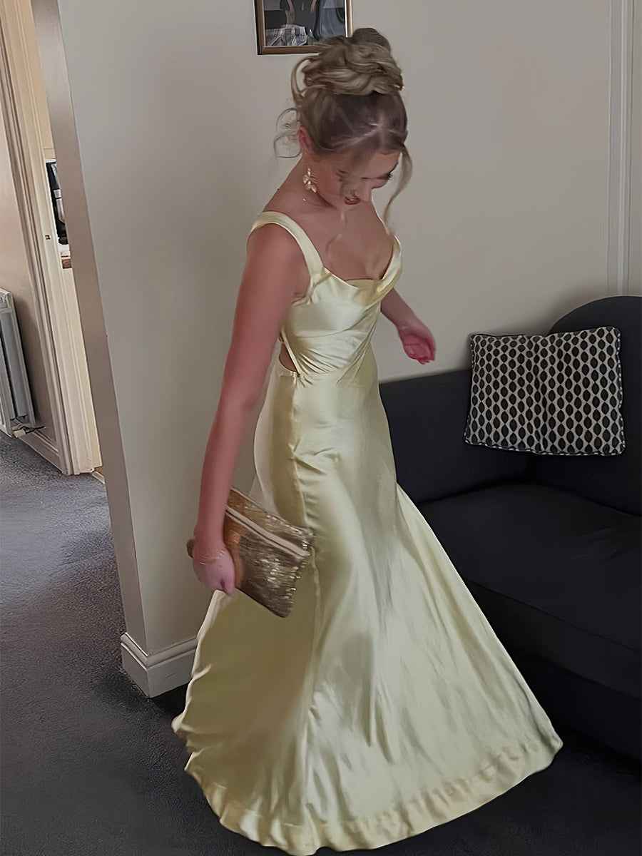 Red Satin Cowl Neck Wide Tank Straps Prom Dress with High Slit BMBRIDE