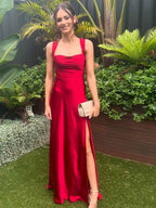 Red Satin Cowl Neck Wide Tank Straps Prom Dress with High Slit BMBRIDE