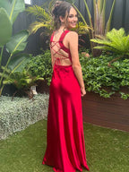 Red Satin Cowl Neck Wide Tank Straps Prom Dress with High Slit BMBRIDE