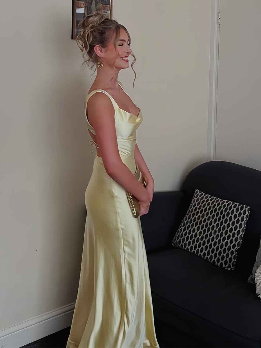 Red Satin Cowl Neck Wide Tank Straps Prom Dress with High Slit BMBRIDE