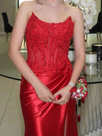 Red Satin Strapless Beaded Lace Corset Prom Dress with High Slit