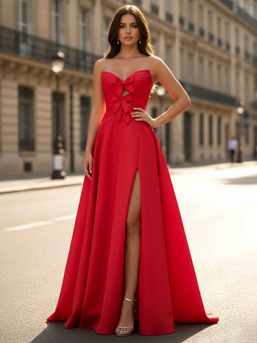 Red Satin Strapless A-Line Prom Dress with Bow Detailing BMBRIDE